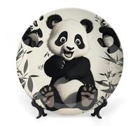ERSTSNCK Playful Panda Ceramic Plate 8inch Decorative Bone China Wall Hanging Ornament Plates Bohemian Style Dinner Plate with Display Stand Cabinet Display Plates for Home Art Decor