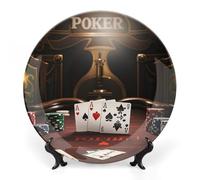 ERSTSNCK Poker Tournament Ceramic Decorative Plate 8inch Bone China Wall Hanging Ornament Plates Bohemian Style Dinner Plate with Stand Cabinet Display Plates for Home Art Decor
