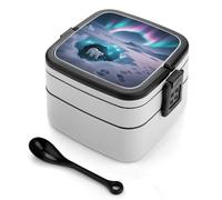 ERSTSNCK Polar Bears Northern Light Bento Box 1000ml Leak Proof Lunch Container with Removable Dividers & Spoon - BPA-Free PP Stackable Lunch Box for Work, Office, Picnic, Travel, Dining Out