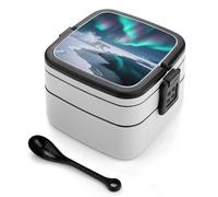 ERSTSNCK Polar Bears Northern Lights Bento Box 1000ml Leak Proof Lunch Container with Removable Dividers & Spoon - BPA-Free PP Stackable Lunch Box for Work, Office, Picnic, Travel, Dining Out