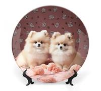 ERSTSNCK Pomeranians Puppies And Point Ceramic Decorative Plate 10inch Bone China Wall Hanging Ornament Plates Bohemian Style Dinner Plate with Stand Cabinet Display Plates for Home Art Decor