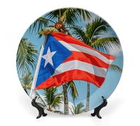 ERSTSNCK Puerto Rico Flags Frog Palm Trees Ceramic Decorative Plate 7inch Bone China Wall Hanging Ornament Plates Bohemian Style Dinner Plate with Stand Cabinet Display Plates for Home Art Decor