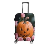 ERSTSNCK Pumpkin And Pink Roses Luggage Suitcase Covers Elastic Washable Cute Luggage Protector Travel Suitcase Protective Cover For Adult (Fit 19-32 Inch Luggages), white, Small, Pumpkin and Pink