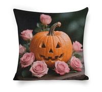 ERSTSNCK Pumpkin and Pink Roses Pillow Covers 18"x18" Linen Throw Pillow Covers - Double Sided Decorative Square Cushion Cases for Sofa, Bed, Chair (No Insert Included)