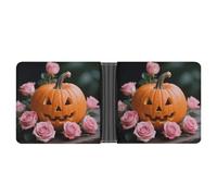 ERSTSNCK Pumpkin And Pink Roses Wallet for Men Bifold Rfid Blocking Slim Money Clip Front Pocket Wallet Card Holder