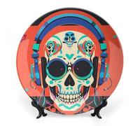 ERSTSNCK Punk Rock Earphones Skull Ceramic Plate 8inch Decorative Bone China Wall Hanging Ornament Plates Bohemian Style Dinner Plate with Display Stand Cabinet Display Plates for Home Art Decor