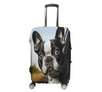 ERSTSNCK Puppy Dog Boston Terrier Luggage Suitcase Covers Elastic Washable Cute Luggage Protector Travel Suitcase Protective Cover For Adult (Fit 19-32 Inch Luggages), white, L, Puppy Dog Boston