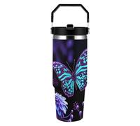 ERSTSNCK Purple Butterfly And Flowers 30oz Tumbler Large Capacity Car Cup with Handle And Straw Lid Stainless Steel Travel Mug Double Wall Vacuum Insulated Cup Leak-Proof for Outdoor Home Use