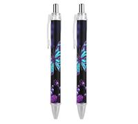ERSTSNCK Purple Butterfly And Flowers Black Ballpoint Pens Fine Point (0.5mm) Black Ink Pen Retractable Ball Point Pens with Comfortable Full Grip for Journaling, And Office Writing Ideal 2 PCS