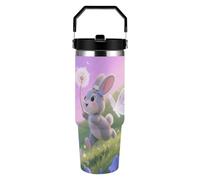 ERSTSNCK Rabbit with Bluebells 30oz Tumbler Large Capacity Car Cup with Handle And Straw Lid Stainless Steel Travel Mug Double Wall Vacuum Insulated Cup Leak-Proof for Outdoor Home Use