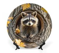 ERSTSNCK Raccoon in The Fall Tree Hole Ceramic Decorative Plate 6inch Bone China Wall Hanging Ornament Plates Bohemian Style Dinner Plate with Stand Cabinet Display Plates for Home Art Decor