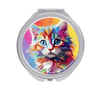 ERSTSNCK Rainbow Cartoon Cat Compact Mirror for Purse, Double-Sided 1x/2x Magnifying Metal Pocket Makeup Mirrors, Folding Mini Vanity Mirror, Handheld Round Travel Cosmetic Mirrors for Women