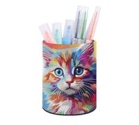 ERSTSNCK Rainbow Cartoon Cat Pen Holder, Pencil Holder Desktop Stationery Organizer Round Leather Pencil Cup Makeup Brush Storage Box for Office Home And Stationary Supplies