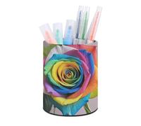 ERSTSNCK Rainbow Rose Pen Holder, Pencil Holder Desktop Stationery Organizer Round Leather Pencil Cup Makeup Brush Storage Box for Office Home And Stationary Supplies
