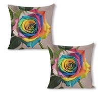 ERSTSNCK Rainbow Rose Pillow Covers 18"x18"（2pcs） Linen Throw Pillow Covers - Double Sided Decorative Square Cushion Cases for Sofa, Bed, Chair (No Insert Included)