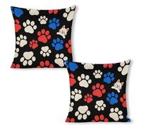ERSTSNCK Red Blue White Dogs and Cats Paws Pillow Covers 18"x18"（2pcs） Linen Throw Pillow Covers - Double Sided Decorative Square Cushion Cases for Sofa, Bed, Chair (No Insert Included)