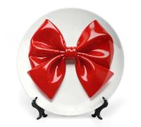 ERSTSNCK Red Bow Ceramic Decorative Plate 7inch Bone China Wall Hanging Ornament Plates Bohemian Style Dinner Plate with Stand Cabinet Display Plates for Home Art Decor