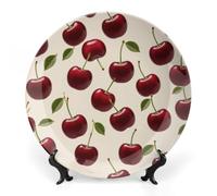 ERSTSNCK Red Cherry Ceramic Plate 7inch Decorative Bone China Wall Hanging Ornament Plates Bohemian Style Dinner Plate with Display Stand Cabinet Display Plates for Home Art Decor