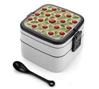 ERSTSNCK Red Cherry Pattern Bento Box 1000ml Leak Proof Lunch Container with Removable Dividers & Spoon - BPA-Free PP Stackable Lunch Box for Work, Office, Picnic, Travel, Dining Out