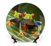 ERSTSNCK Red Eyed Tree Frog Ceramic Decorative Plate 7inch Bone China Wall Hanging Ornament Plates Bohemian Style Dinner Plate with Stand Cabinet Display Plates for Home Art Decor