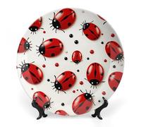 ERSTSNCK Red Ladybug Ceramic Decorative Plate 8inch Bone China Wall Hanging Ornament Plates Bohemian Style Dinner Plate with Stand Cabinet Display Plates for Home Art Decor