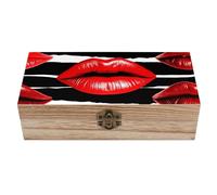 ERSTSNCK Red Lips Kiss Wooden Storage Box Elegant Retro Jewelry Box with Hinged Lid Decorative Keepsake Boxes Decor Handmade Organizer Boxes for Wedding, Party, Gift, Diy Craft, Home Decor