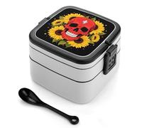 ERSTSNCK Red Skull & Yellow Sunflowers Bento Box 1000ml Leak Proof Lunch Container with Removable Dividers & Spoon - BPA-Free PP Stackable Lunch Box for Work, Office, Picnic, Travel, Dining Out