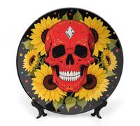 ERSTSNCK Red Skull & Yellow Sunflowers Ceramic Plate 7inch Decorative Bone China Wall Hanging Ornament Plates Bohemian Style Dinner Plate with Display Stand Cabinet Display Plates for Home Art Decor