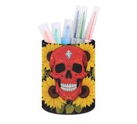 ERSTSNCK Red Skull & Yellow Sunflowers Pen Holder, Pencil Holder Desktop Stationery Organizer Round Leather Pencil Cup Makeup Brush Storage Box for Office Home And Stationary Supplies