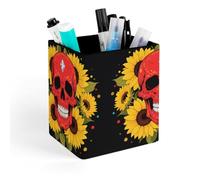 ERSTSNCK Red Skull & Yellow Sunflowers Pen Holder, Pencil Holder Desktop Stationery Organizer Square Leather Pencil Cup Makeup Brush Storage Box for Office Home And Stationary Supplies