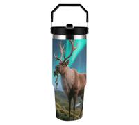ERSTSNCK Reindeer with Northern Lights 30oz Tumbler Large Capacity Car Cup with Handle And Straw Lid Stainless Steel Travel Mug Double Wall Vacuum Insulated Cup Leak-Proof for Outdoor Home Use