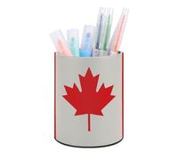 ERSTSNCK Retro Canada Flag Pattern Pen Holder, Pencil Holder Desktop Stationery Organizer Round Leather Pencil Cup Makeup Brush Storage Box for Office Home And Stationary Supplies