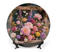 ERSTSNCK Retro Flowers Ceramic Plate 10inch Decorative Bone China Wall Hanging Ornament Plates Bohemian Style Dinner Plate with Display Stand Cabinet Display Plates for Home Art Decor