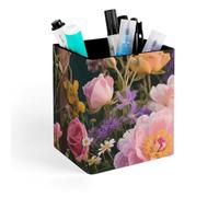 ERSTSNCK Retro Flowers Pen Holder, Pencil Holder Desktop Stationery Organizer Square Leather Pencil Cup Makeup Brush Storage Box for Office Home And Stationary Supplies