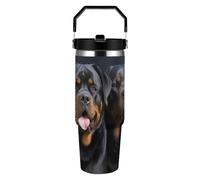 ERSTSNCK Rottweiler Wallpaper 30oz Tumbler Large Capacity Car Cup with Handle And Straw Lid Stainless Steel Travel Mug Double Wall Vacuum Insulated Cup Leak-Proof for Outdoor Home Use