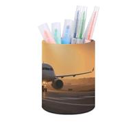 ERSTSNCK Round PU Leather Pen Holder - Airplane at Sunset Desk Organizer with Waterproof Design, Makeup Brush Cup & Office Supply Storage for Home Office Dorm Desktop Organization