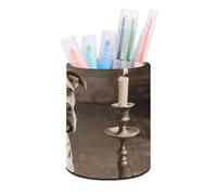 ERSTSNCK Round PU Leather Pen Holder - Animal Pit Bull Desk Organizer with Waterproof Design, Makeup Brush Cup & Office Supply Storage for Home Office Dorm Desktop Organization