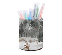 ERSTSNCK Round PU Leather Pen Holder - Animals And Trees Desk Organizer with Waterproof Design, Makeup Brush Cup & Office Supply Storage for Home Office Dorm Desktop Organization