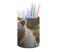 ERSTSNCK Round PU Leather Pen Holder - Bear Crossing The River Desk Organizer with Waterproof Design, Makeup Brush Cup & Office Supply Storage for Home Office Dorm Desktop Organization