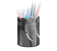 ERSTSNCK Round PU Leather Pen Holder - Black And White Elephant Image Desk Organizer with Waterproof Design, Makeup Brush Cup & Office Supply Storage for Home Office Dorm Desktop Organization