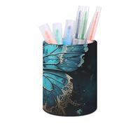 ERSTSNCK Round PU Leather Pen Holder - Blue Butterfly Pattern Desk Organizer with Waterproof Design, Makeup Brush Cup & Office Supply Storage for Home Office Dorm Desktop Organization
