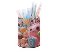 ERSTSNCK Round PU Leather Pen Holder - Candy Factory Desk Organizer with Waterproof Design, Makeup Brush Cup & Office Supply Storage for Home Office Dorm Desktop Organization