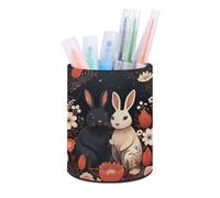 ERSTSNCK Round PU Leather Pen Holder - Cartoon Rabbit Couple Desk Organizer with Waterproof Design, Makeup Brush Cup & Office Supply Storage for Home Office Dorm Desktop Organization