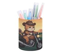 ERSTSNCK Round PU Leather Pen Holder - Cat Riding A Motorcycle Desk Organizer with Waterproof Design, Makeup Brush Cup & Office Supply Storage for Home Office Dorm Desktop Organization
