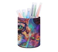 ERSTSNCK Round PU Leather Pen Holder - Cat Wearing Glasses Desk Organizer with Waterproof Design, Makeup Brush Cup & Office Supply Storage for Home Office Dorm Desktop Organization