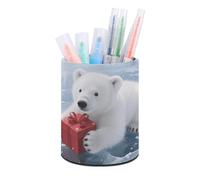 ERSTSNCK Round PU Leather Pen Holder - Christmas Polarbear Desk Organizer with Waterproof Design, Makeup Brush Cup & Office Supply Storage for Home Office Dorm Desktop Organization