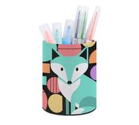 ERSTSNCK Round PU Leather Pen Holder - Colorful Fox Art Desk Organizer with Waterproof Design, Makeup Brush Cup & Office Supply Storage for Home Office Dorm Desktop Organization