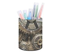 ERSTSNCK Round PU Leather Pen Holder - Cool Steampunk Gears Desk Organizer with Waterproof Design, Makeup Brush Cup & Office Supply Storage for Home Office Dorm Desktop Organization