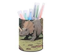 ERSTSNCK Round PU Leather Pen Holder - Dinosaur Jungle Desk Organizer with Waterproof Design, Makeup Brush Cup & Office Supply Storage for Home Office Dorm Desktop Organization