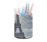 ERSTSNCK Round PU Leather Pen Holder - Eiffel Tower Winter Rainy Desk Organizer with Waterproof Design, Makeup Brush Cup & Office Supply Storage for Home Office Dorm Desktop Organization